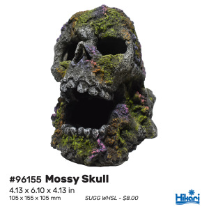 Mossy Skull Aquarium Decor by Hikari in a fun resin design – the perfect accent for both freshwater & salty tanks!