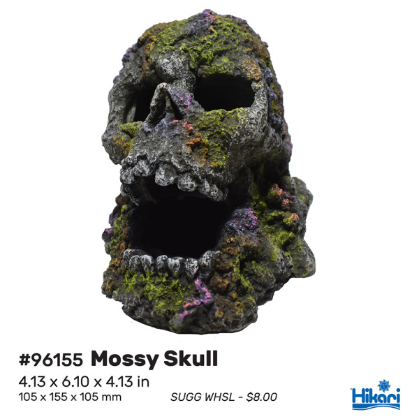 Mossy Skull Aquarium Decor by Hikari in a fun resin design – the perfect accent for both freshwater & salty tanks!