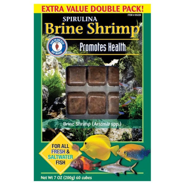 Nutritious Spirulina Brine Shrimp cubes – 200g of frozen food for fresh & salty aquariums by San Francisco Bay Brand.