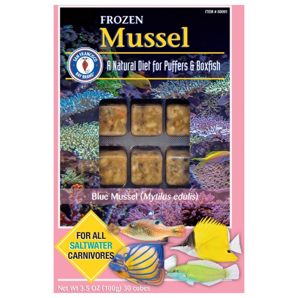 Chopped mussel cubes (100g) from San Francisco Bay Brand - a tasty treat for your fresh and salty aquatic friends!