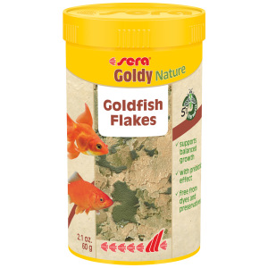 Sera Goldy Nature 250ml fish food; a tasty treat for your freshwater fish friends! Keep them happy and healthy!