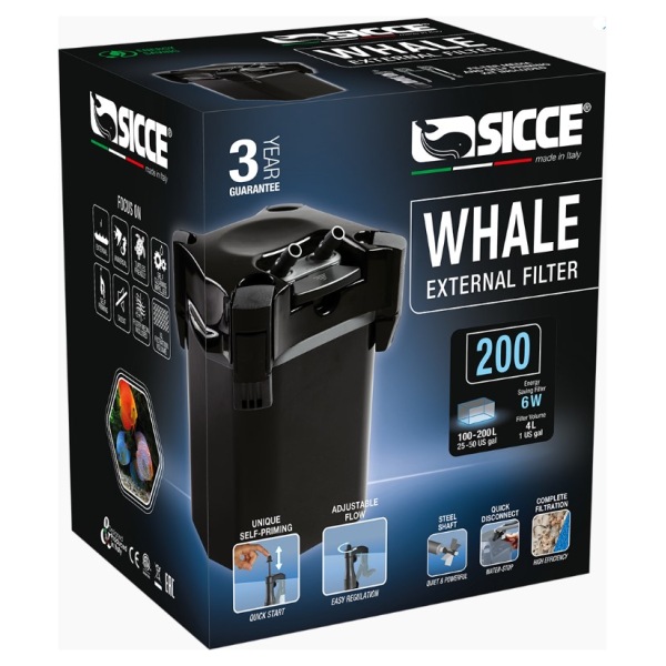 Transform your aquarium with the Sicce Whale 200 Canister Filter! This high-performance 190 GPH filter suits both freshwater and saltwater tanks