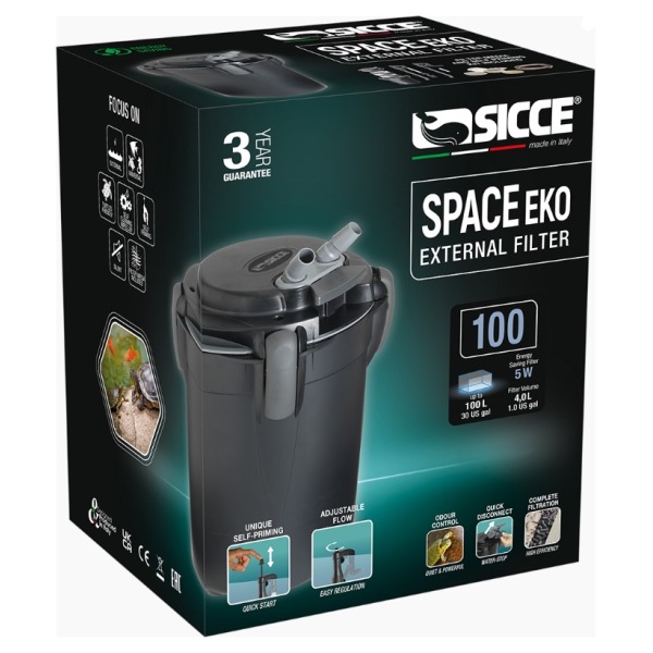 Experience crystal-clear waters with the Sicce Space Eko 100 Canister Filter! This powerhouse offers a high flow rate of 145 GPH