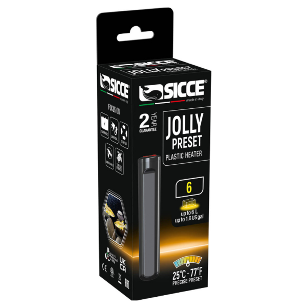 Keep your aquatic friends cozy with the Sicce Jolly Preset 6 Submersible Heater! This reliable 6W heater is perfect for both freshwater and saltwater tanks